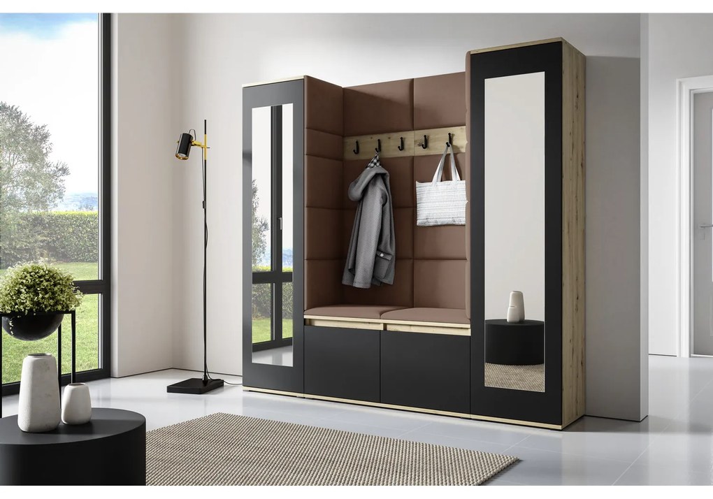 Predsieňová stena AMI 31 So zrkadlom Dub artisan + čierna Hnedá