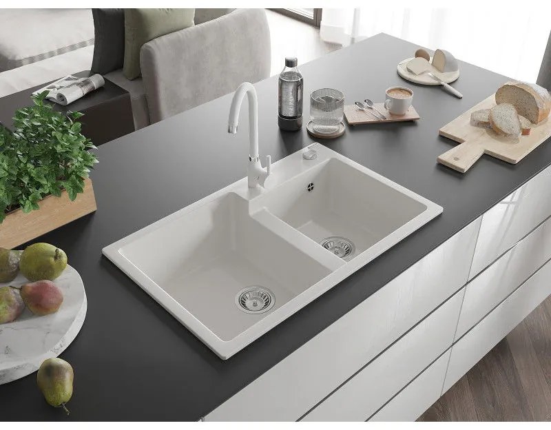 Mexen Tomas, granitový drez 800x500x190 mm, 2-komorový a biela batéria Telma, biela, 6516-20-670200-20