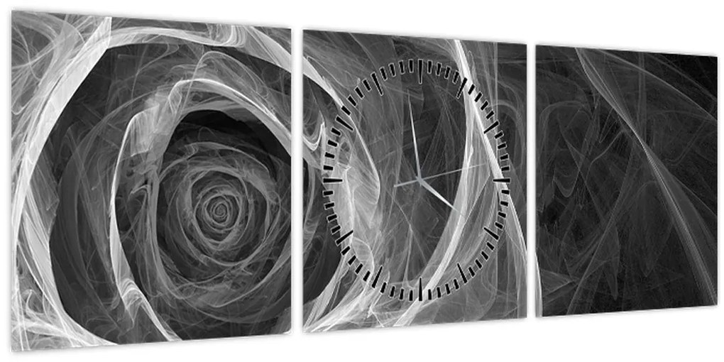 Obraz - Abstraktné ruže čiernobiela (s hodinami) (90x30 cm)