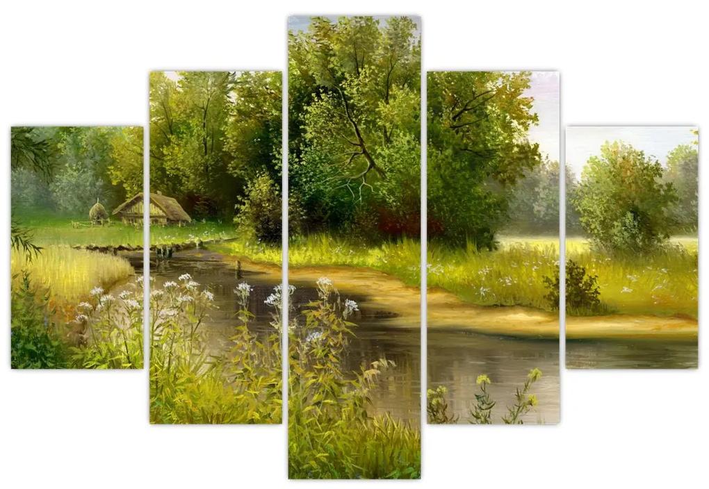 Obraz - Rieka pri lese, olejomaľba (150x105 cm)