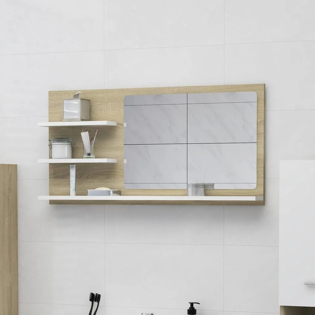 vidaXL Kúpeľňové zrkadlo, biele a sonoma 90x10,5x45 cm, drevotrieska