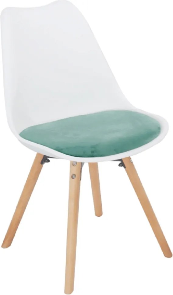 Stolička, mentolová zamatová látka/biely plast/buk, SEMER NEW