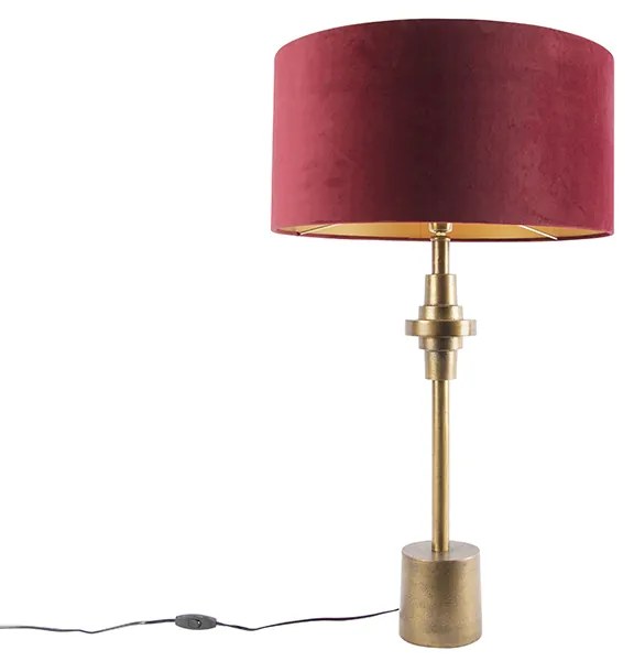 Art Deco stolná lampa bronzová s tienidlom z červeného zamatu 50 cm - Diverso