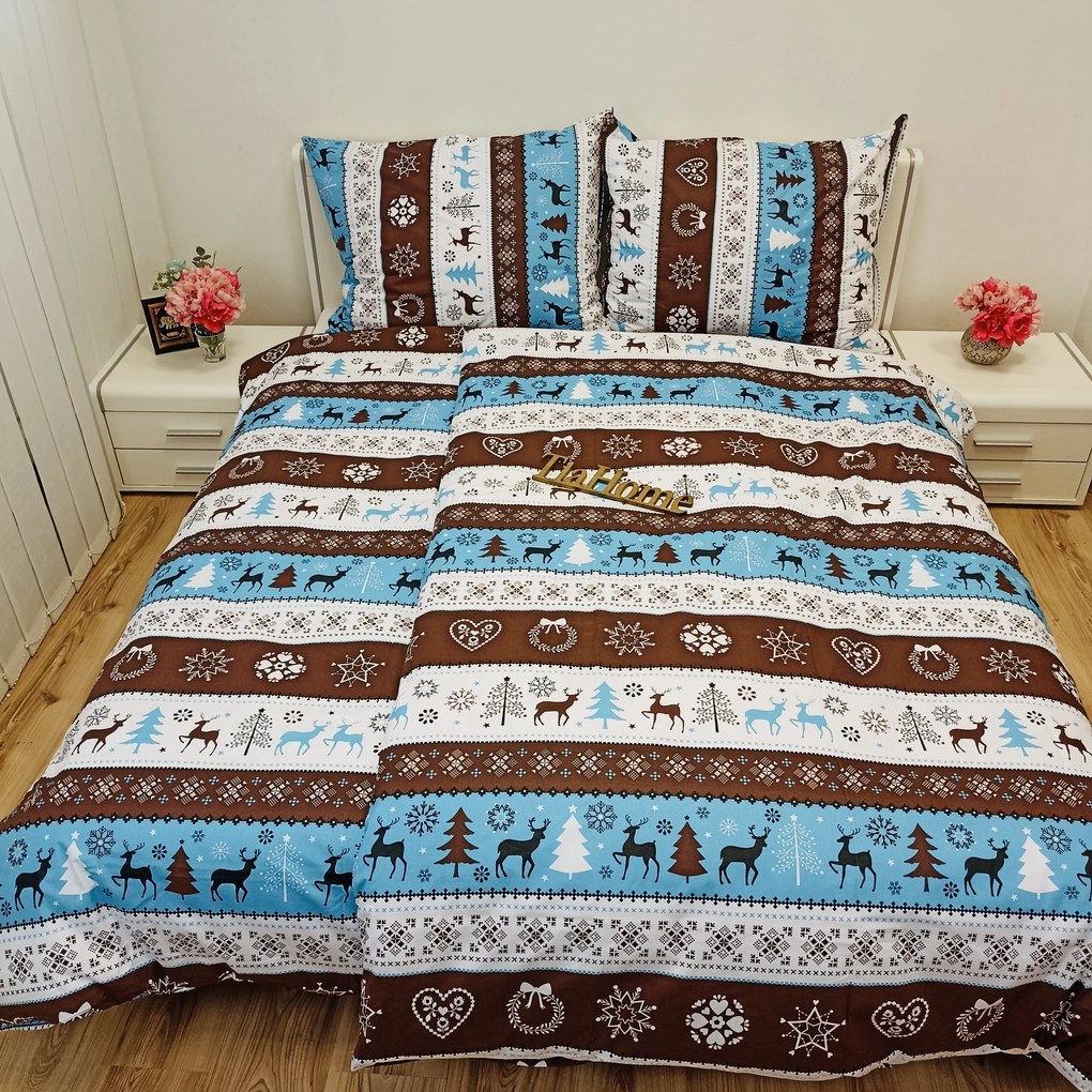 Obliečky bavlnené Vianočné obliečky Sobíky tyrkysové - 1x Vankúš 90x70cm, 1x Paplón 140x200cm