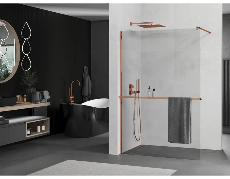 Mexen Kioto, sprchová zástena Walk-in s poličkou a vešiakom 85 x 200 cm, 8mm číre sklo, profil ružové zlato, 800-085-121-60-00