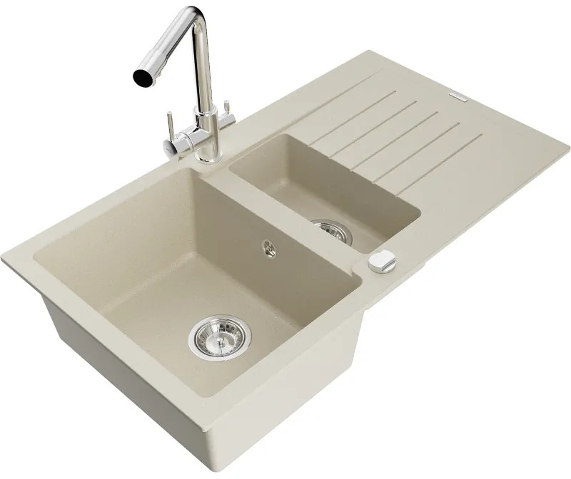 Mexen Matias, granitový drez 900x505x200 mm, 1,5-komorový a chrómová batéria Duero, béžová, 6502901505-73-B