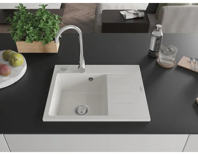 Mexen Ben, 1-komorový granitový drez 600x500x190 mm, ľavý+ chrómový sifón, biela, 6522605000-20