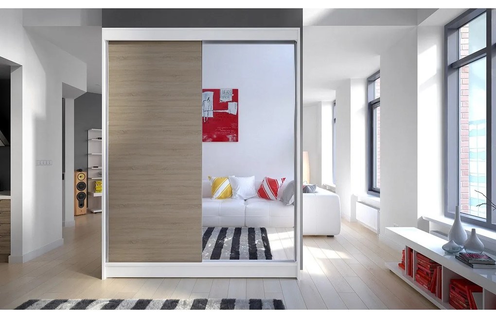 Skriňa s posuvnými dverami Belgia I, Farby: biela / čierna + zrkadlo, Osvetlenie: osvetlenie LED RGB - farebné