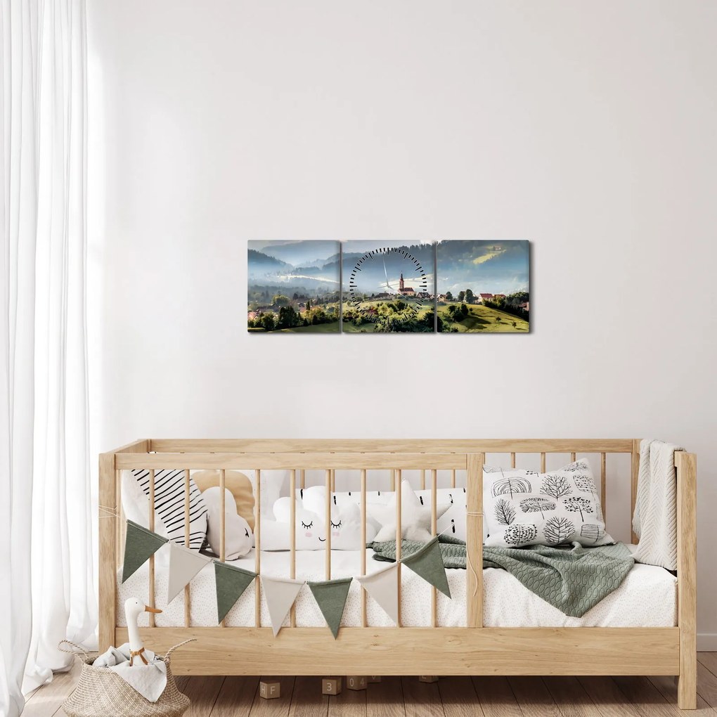 Obraz - dedinka v hmle (s hodinami) (90x30 cm)