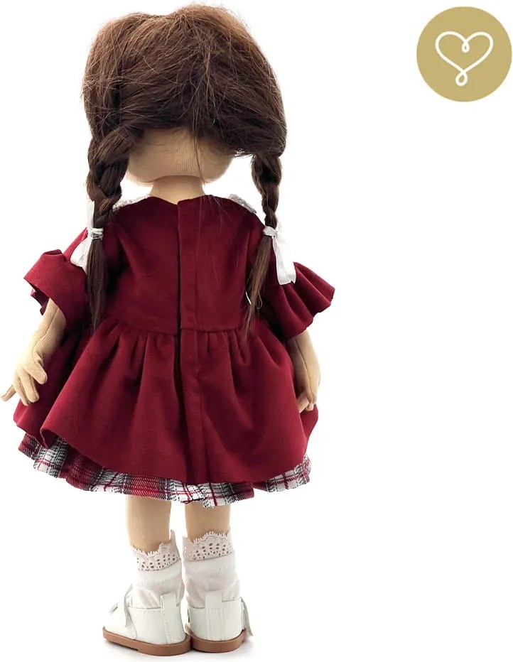 Bordové zamatové šaty pre bábiku – volánikové rukávy a čipkované detaily