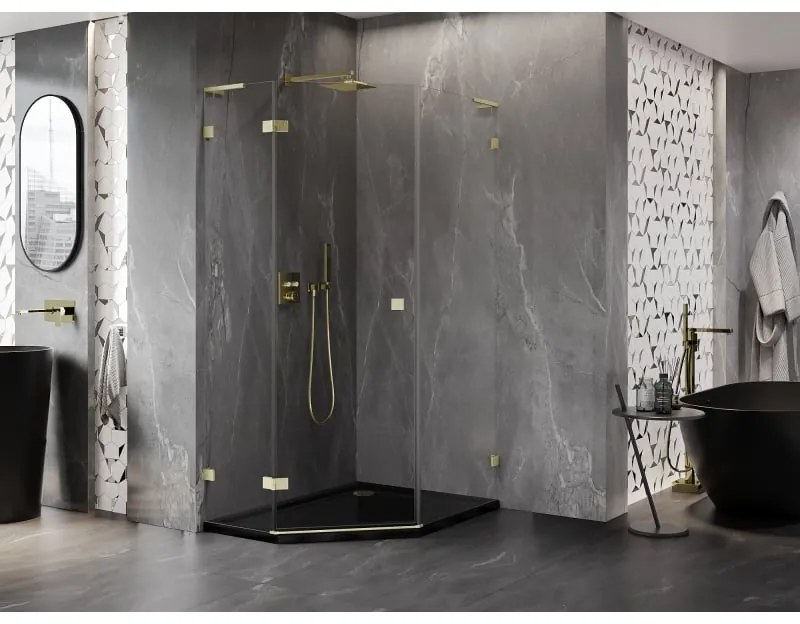 Mexen Lunar, L päťuholníkový sprchový kút naklápací doľava 80 x 100 cm, 8mm číre sklo, zlatý matný profil, 831L-080L-100P-55-00-L