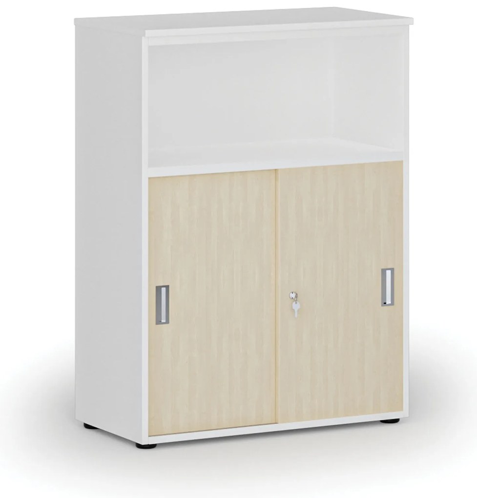Kombinovaná kancelárska skriňa so zásuvnými dverami PRIMO WHITE, 800 x 420 x 1087 mm, biela/breza