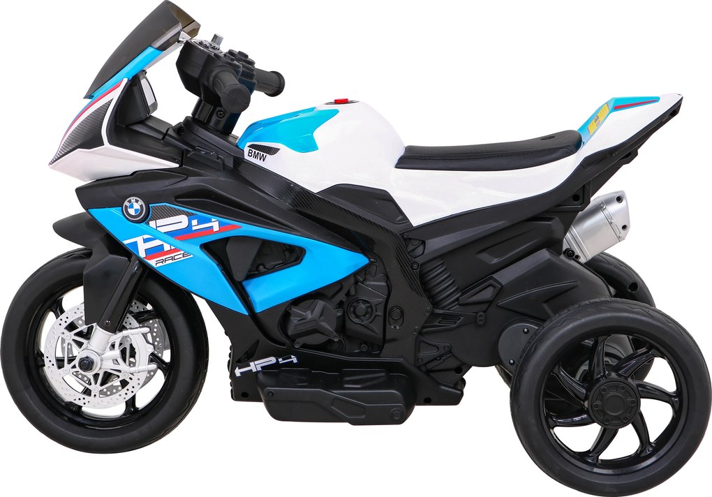 Ramiz BMW HP4 detský motocykel na batérie modrý + 3 kolieska + LED + MP3 USB + ekokoža