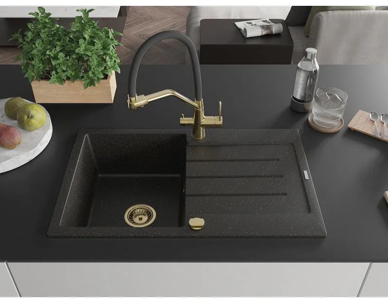 Mexen Bruno, 1-komorový granitový drez 795x495x200 mm a drezová batéria Duo, čierna-zlatá metalíza, 6513-75-671701-57-G