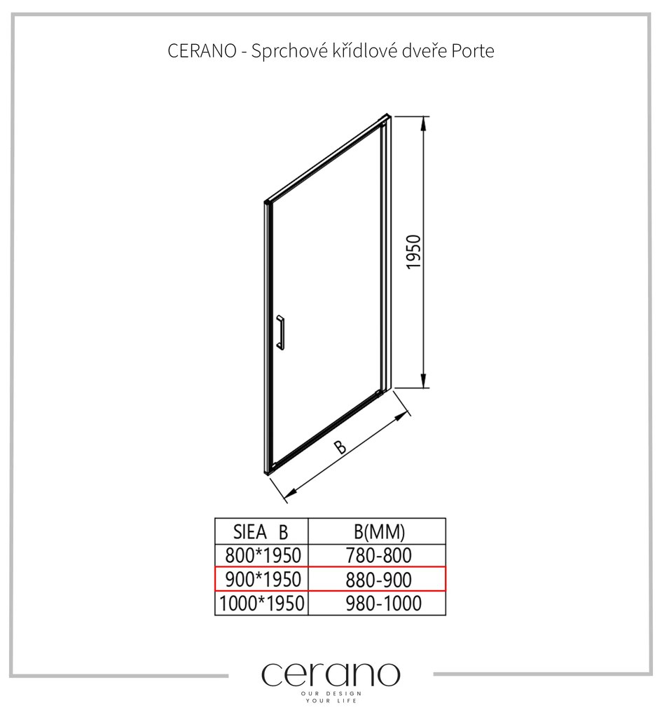 CERANO - Sprchové krídlové dvere Porte L/P - 8 mm - čierna matná, grafitové sklo - 90x195 cm, CER-CER-8050BD7249