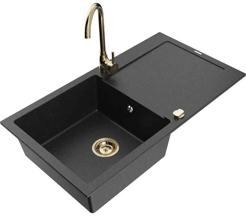 Mexen Leo, drez granitový 900x500x190 mm, 1-komorový a zlatá batéria Telma, čierna-strieborná metalíza, 6501-73-670200-50
