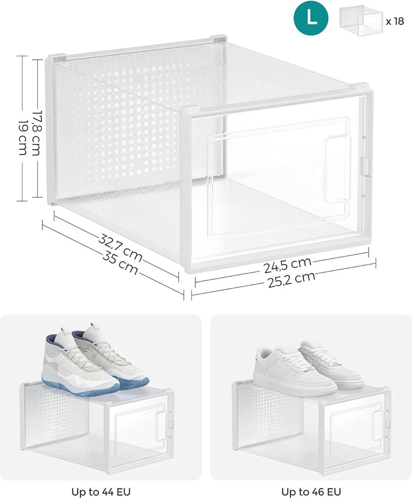 Boxy na topánky, balenie 18 ks, do veľkosti 46, stohovateľné, číre a biele