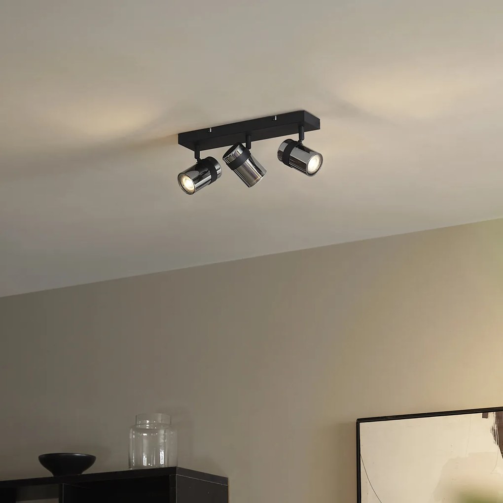 Stropný reflektor čierny s dymovým sklom 3-svetelný otočný a naklápací - Gianni