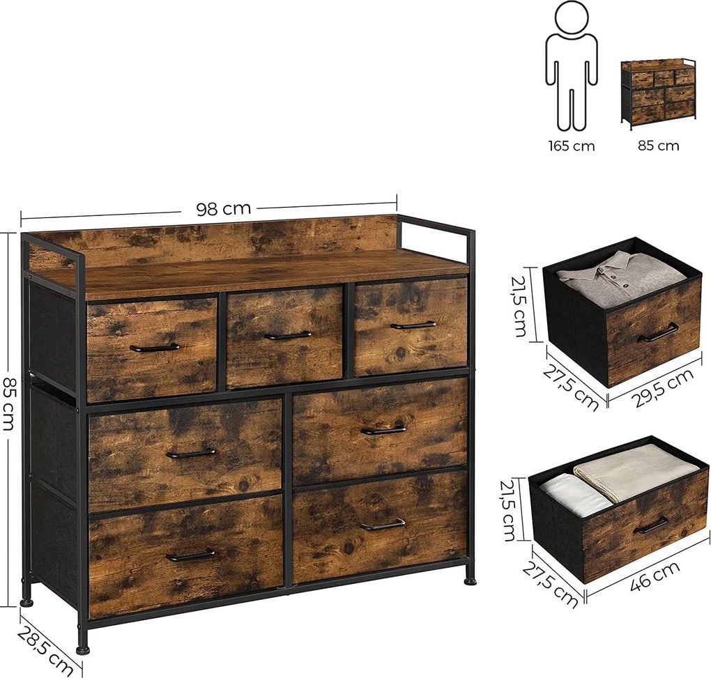 Komoda so 7 textilnými zásuvkami, 28,5 x 98 x 85 cm, rustikálna hnedá