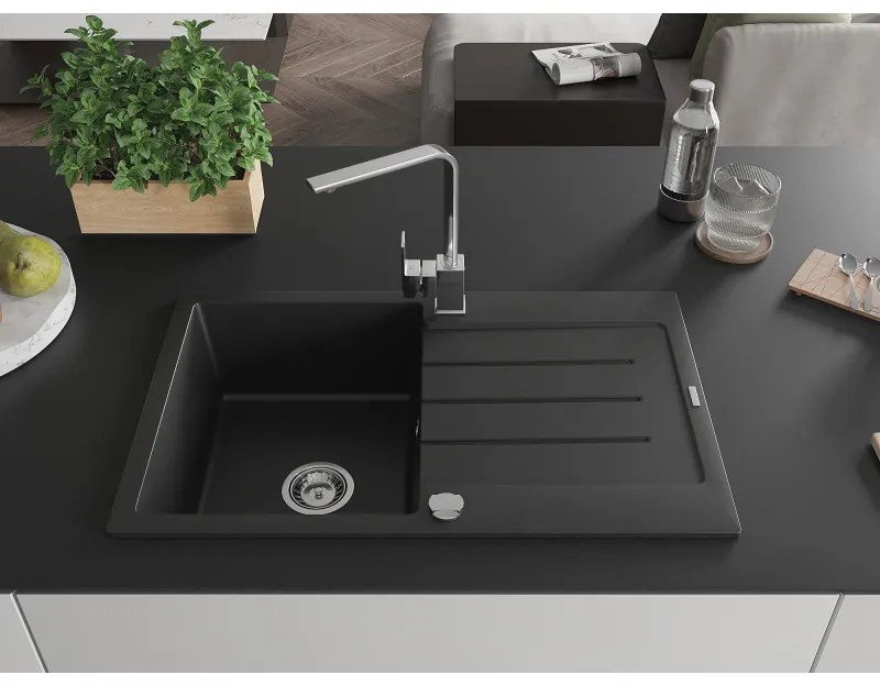 Mexen Bruno, drez granitový 795x495x200 mm, 1-komorový, čierna s chrómovým sifónom a chrómová drezová batéria Rita, 6513-77-670300-00