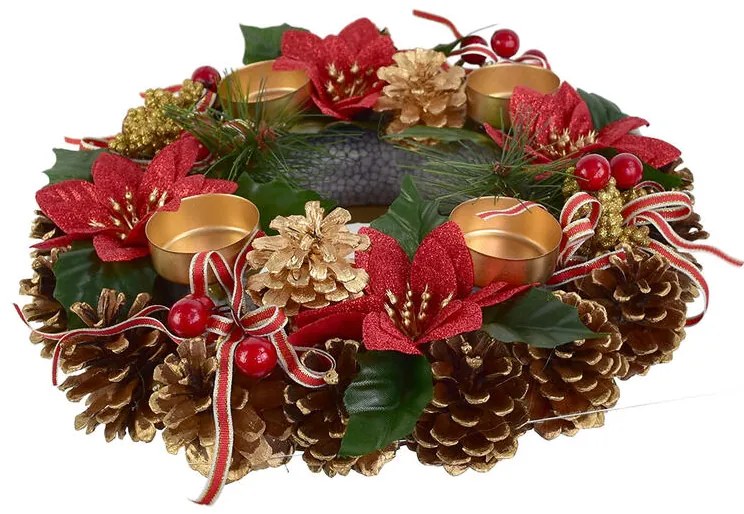 Adventný šiškový veniec POINSETTIA s mašľou 30 cm