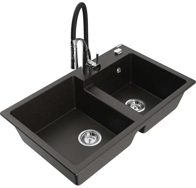 Mexen Tomas, 2-komorový granitový drez 800x500x190 mm a drezová batéria Aster, čierna-zlatá metalíza, 6516-75-73450-07