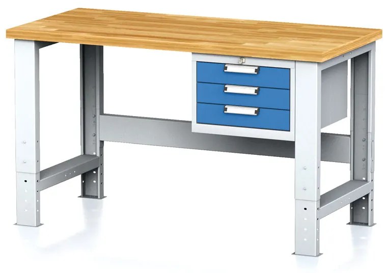 Alfa 3 Nastaviteľný dielenský stôl MECHANIC I, závesný box na náradie, 3 zásuvky, 1500x685x700-1055 mm, modré dvere