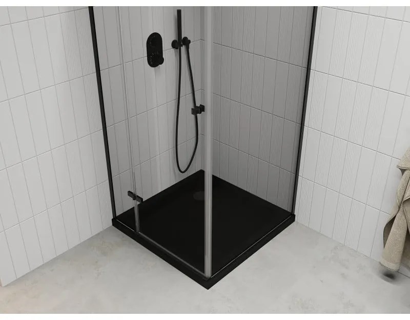 Mexen Roma, sprchovací kút s 1-krídlovými dverami 90 (dvere) x 90 (stena) cm, 6mm číre sklo, čierny profil, slim sprchová vanička 5cm čierna s čiernym sifónom, 854-090-090-70-00-4070B