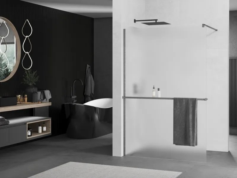 Mexen Kioto+, sprchová zástena Walk-In s poličkou a vešiakom 90 x 200 cm, 8mm sklo námraza, grafitový profil, 800-090-121-66-30