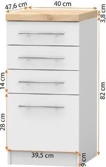 Spodná kuchynská skrinka so šuplíkmi INEZ - 40 cm - biela/dub craft zlatý