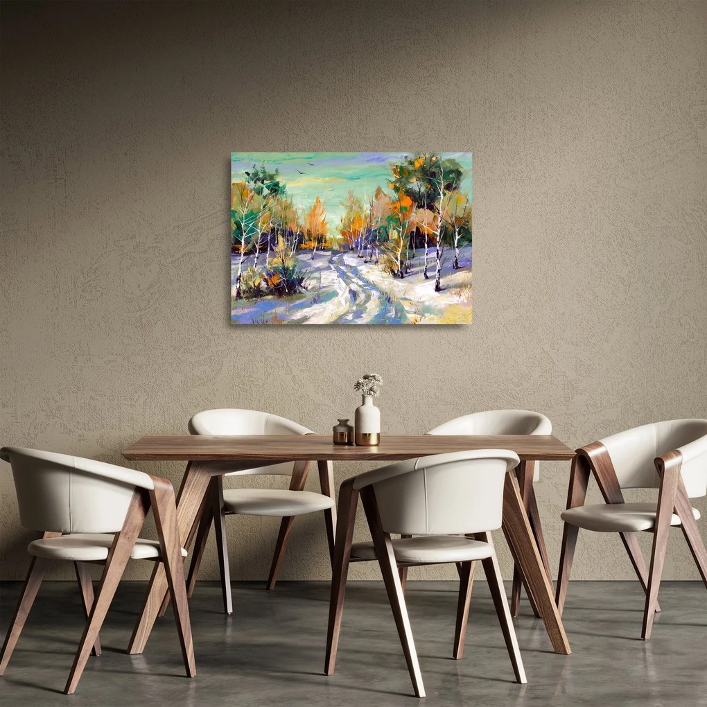Sklenený obraz - Zasnežená cesta lesom, olejomaľba (70x50 cm)