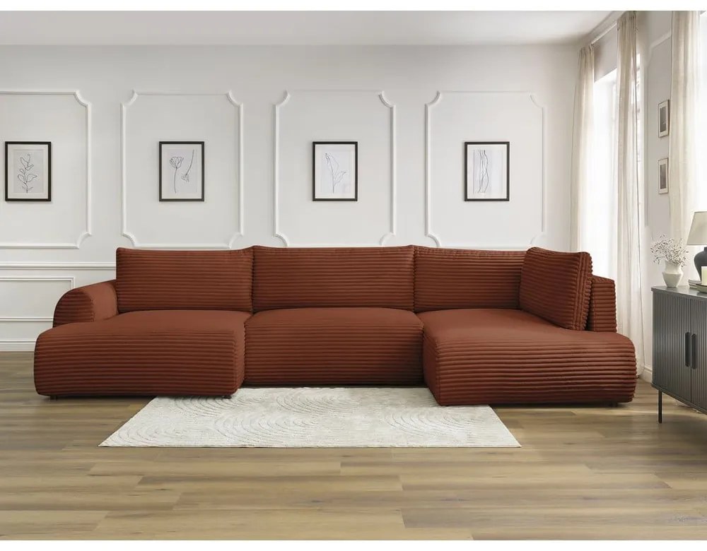 Menčestrová rozkladacia/s úložným priestorom rohová pohovka v tehlovej farbe (pravý roh/do tvaru "U") Lucien – Bobochic Paris