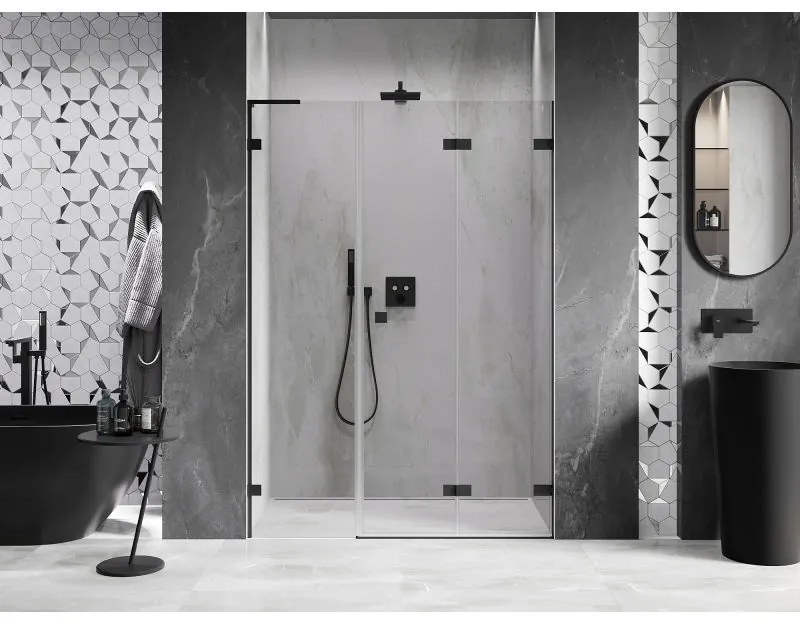 Mexen Lunar-F, L pravé skladacie sprchové dvere 130 cm, 8mm číre sklo, čierny matný profil, 836SL-130-050-70-00-P