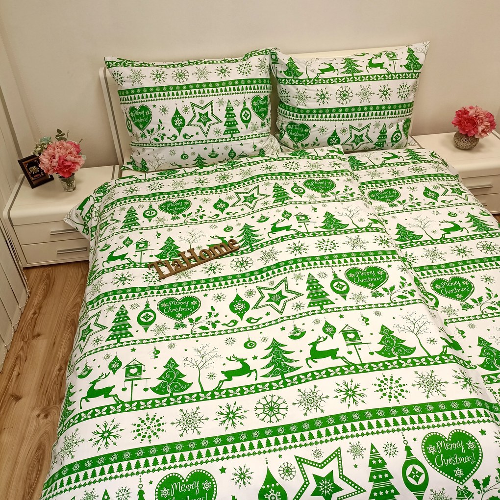 Obliečky bavlnené Vianočné obliečky Christmas zelené - 1x Vankúš 90x70cm, 1x Paplón 140x200cm