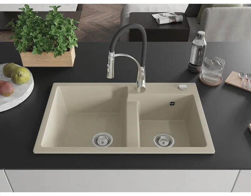 Mexen Tomas, 2-komorový granitový drez 800x500x190 mm a drezová batéria Aster, béžová, 6516-69-73450-07