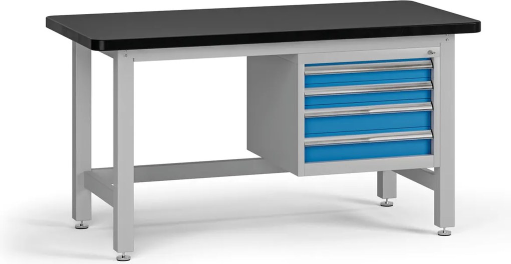 Pracovný stôl do dielne G4 so závesným boxom na náradie, MDF + PVC doska, 4 zásuvky, 1500 x 750 x 800 mm, modrá