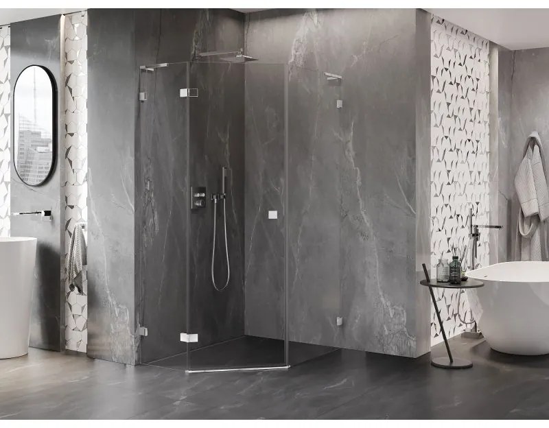 Mexen Lunar, L päťuholníkový sprchový kút naklápací doľava 80 x 90 cm, 8mm číre sklo, chrómový profil, 831L-080L-090P-01-00-L