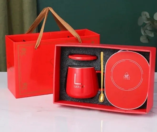 Sada keramického hrnčeka s elektrickým ohrievačom Lucky v darčekovom balení - red