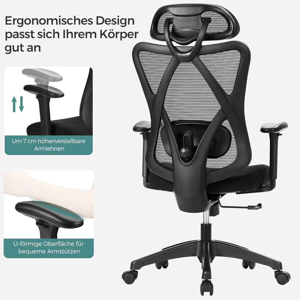 Kancelárske kreslo, Ergonomické kreslo s nastaviteľnou opierkou hlavy, čierne