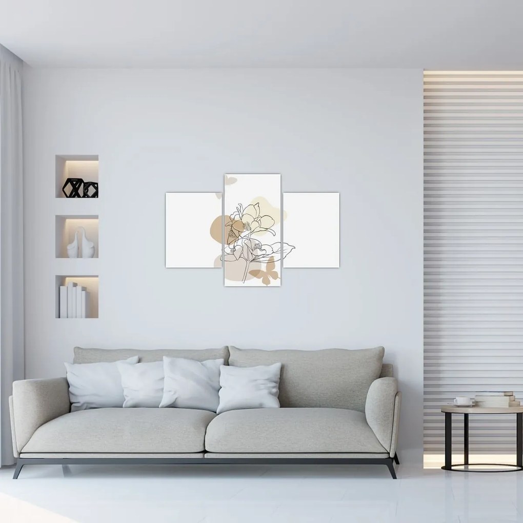 Obraz - Béžové kvety s motýľom N⁰1 (90x60 cm)
