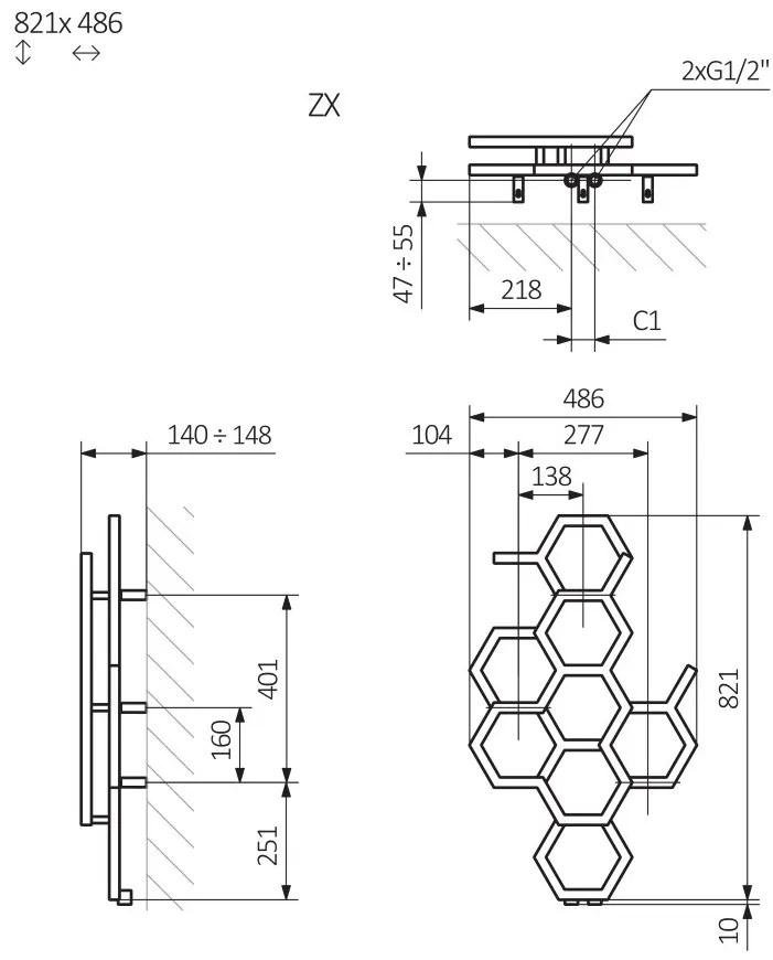 Terma Hex 821x486 vodný radiátor Soft 3028 ZX