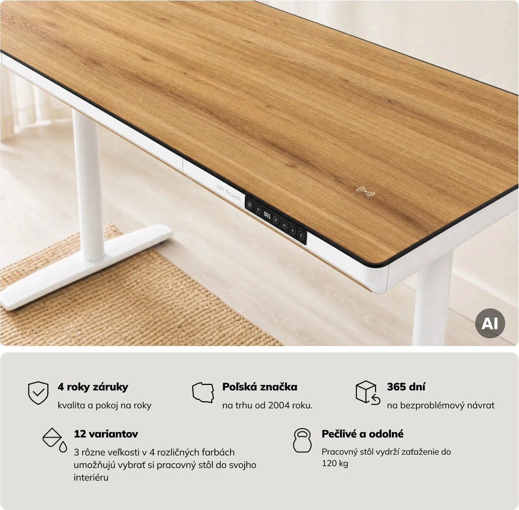 Elektrický písací stôl sit-stand so zásuvkou a bezdrôtovou nabíjačkou Qi biely/zlatý dub, 1400 mm: ELLIS
