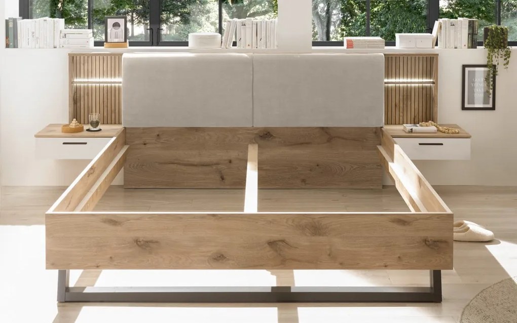 Posteľ s nočnými stolíkmi Daria 180x200 cm, dub/biela, s osvetlením