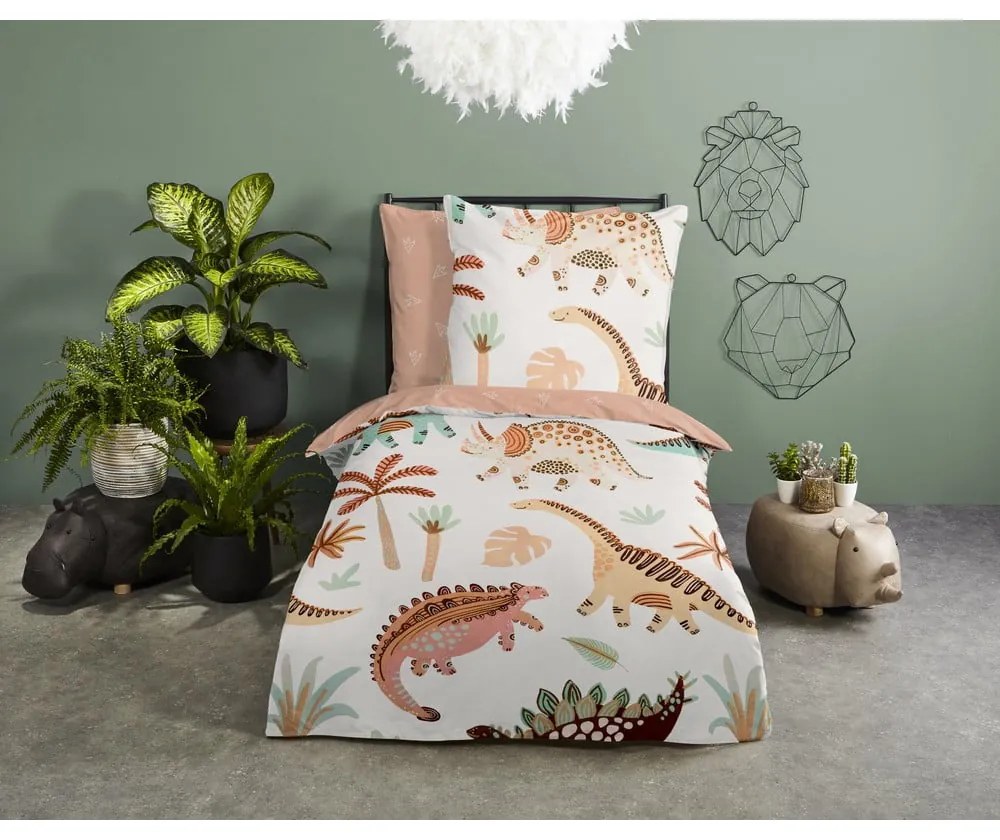 Hnedé/béžové bavlnené detské obliečky na jednolôžko 140x200 cm Dino – Good Morning