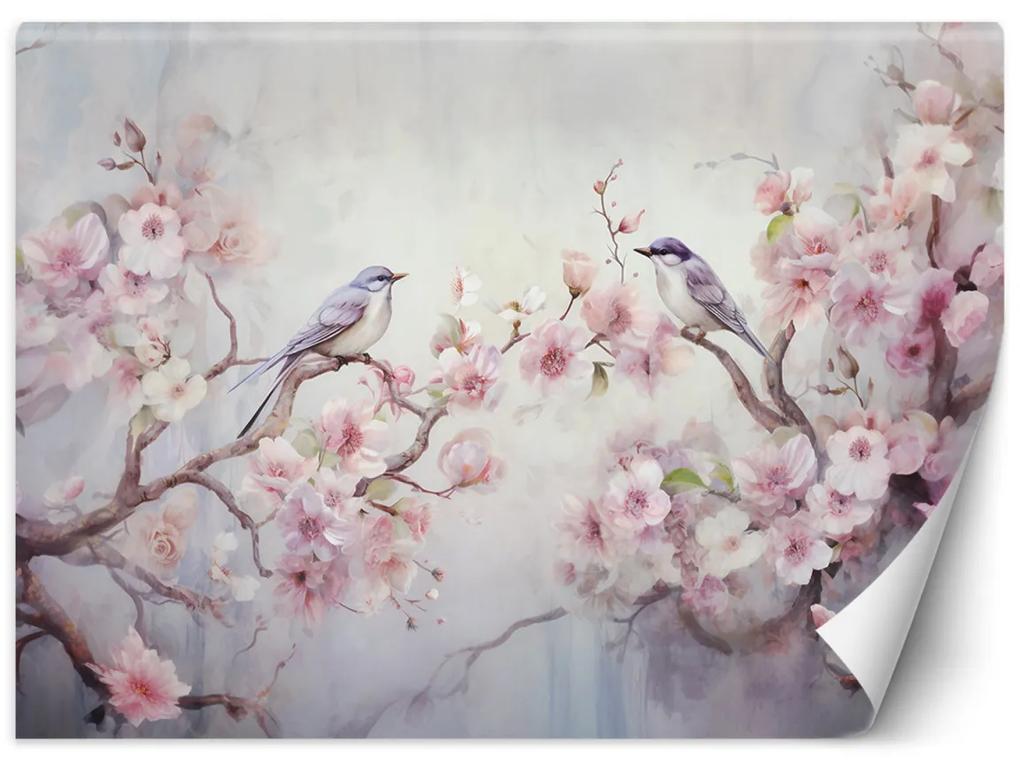 Fototapeta, Ptáci a květiny Shabby Chic - 200x140 cm