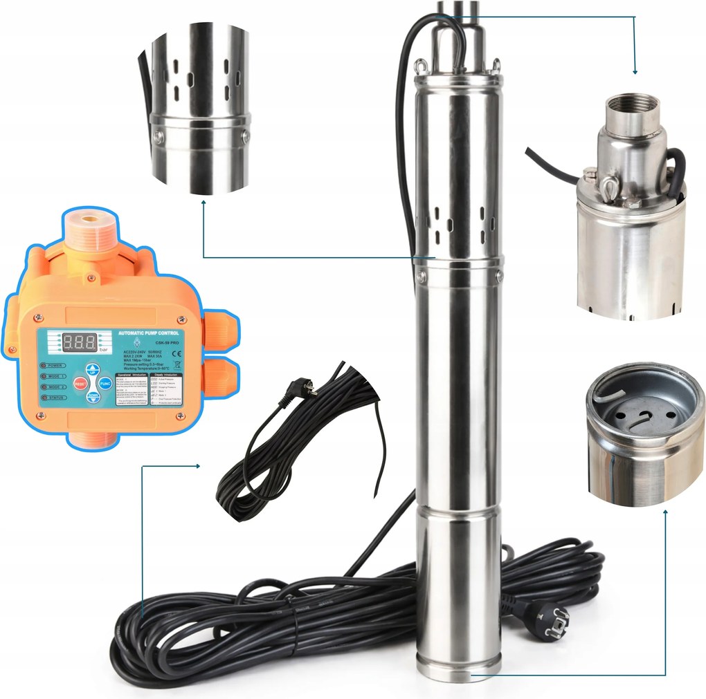 Ponorná Pumpa 3,5" Deep 2700 L/h 250 W Do Vodnej Studne Automat 59PRO Sada