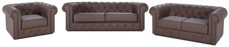 Kožená sedacia súprava Chesterfield 3 + 2 + 1, tm. hnedá