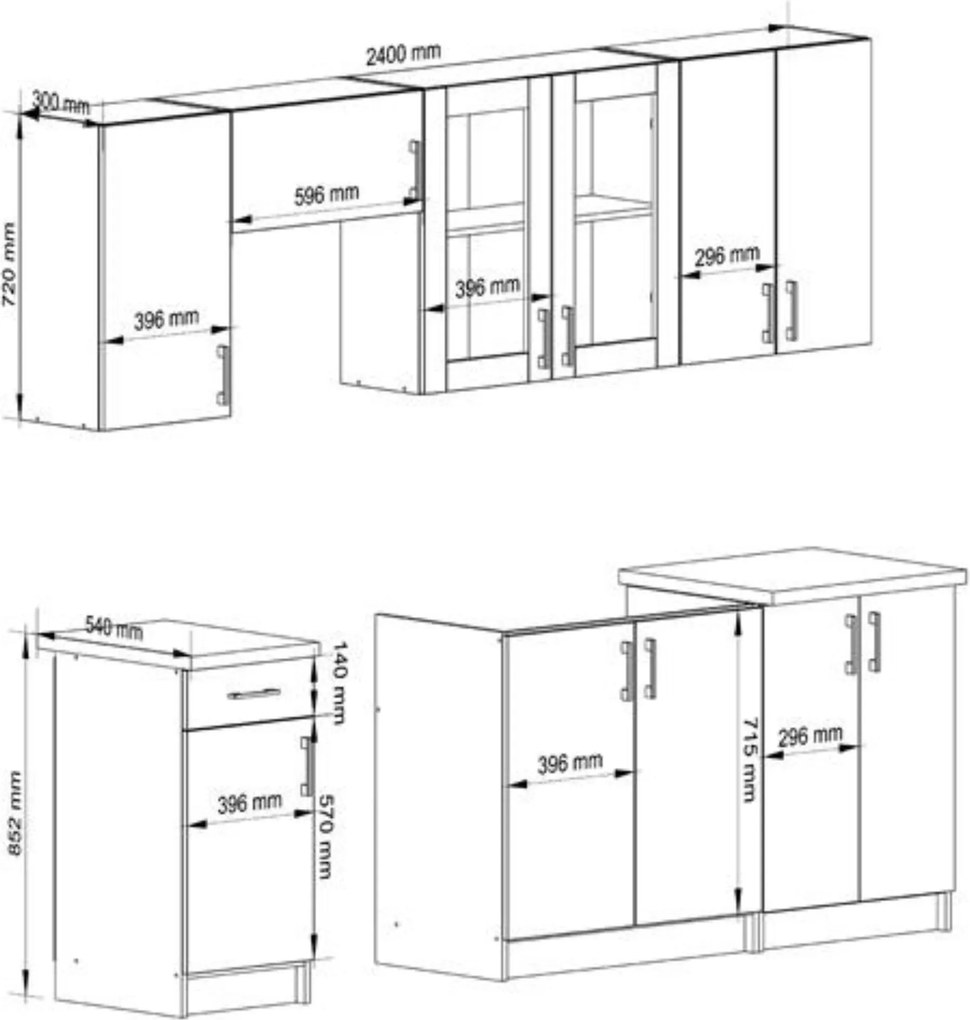 Kuchynská linka Lima 240 cm presklená biela/dub sonoma