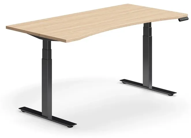 Výškovo nastaviteľný stôl QBUS, s výrezom, 1600x800 mm, čierny rám, dub