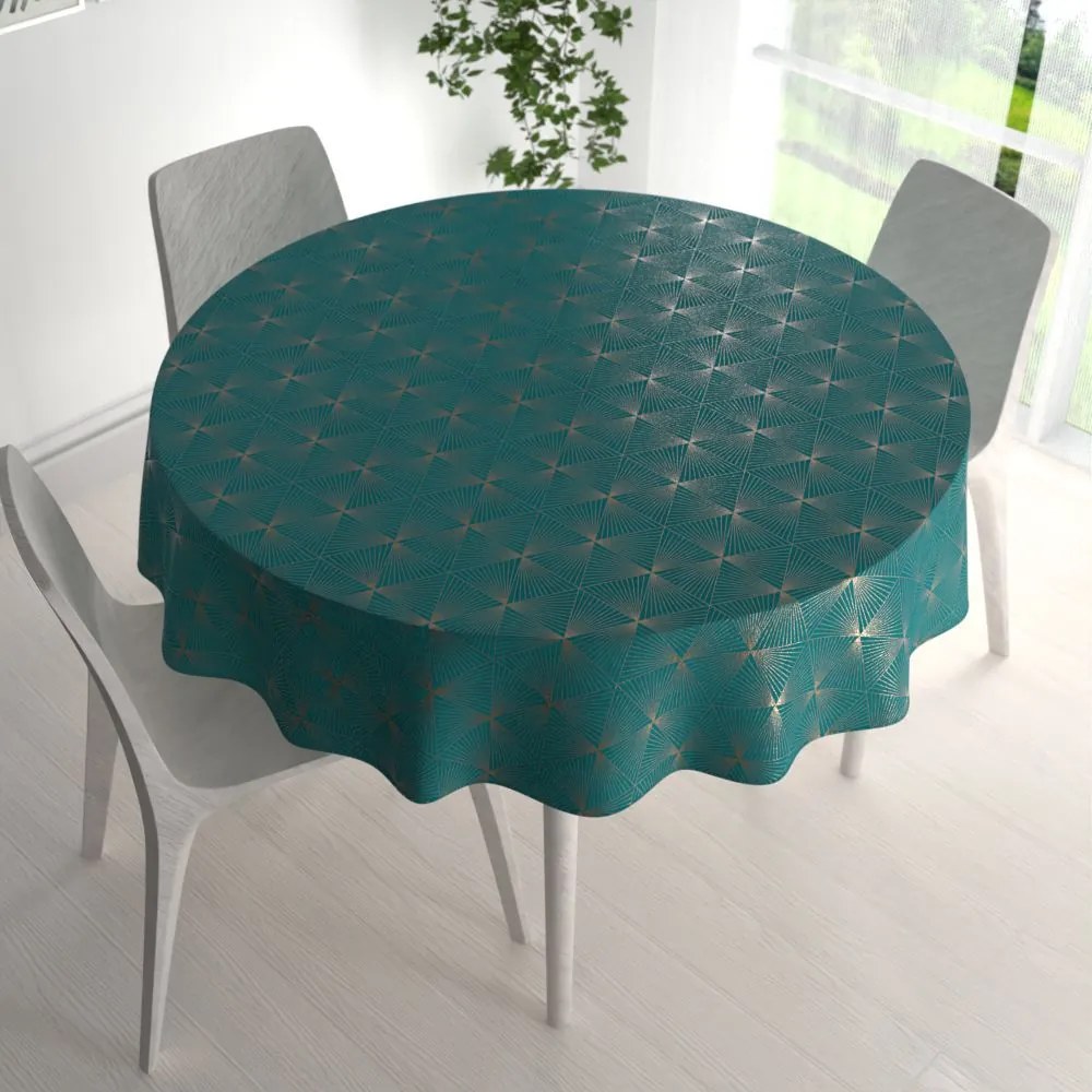 Biante Zamatový okrúhly obrus Isabela IBL-008 Rose Gold trojuholníky na petrolejovom Ø 100 cm